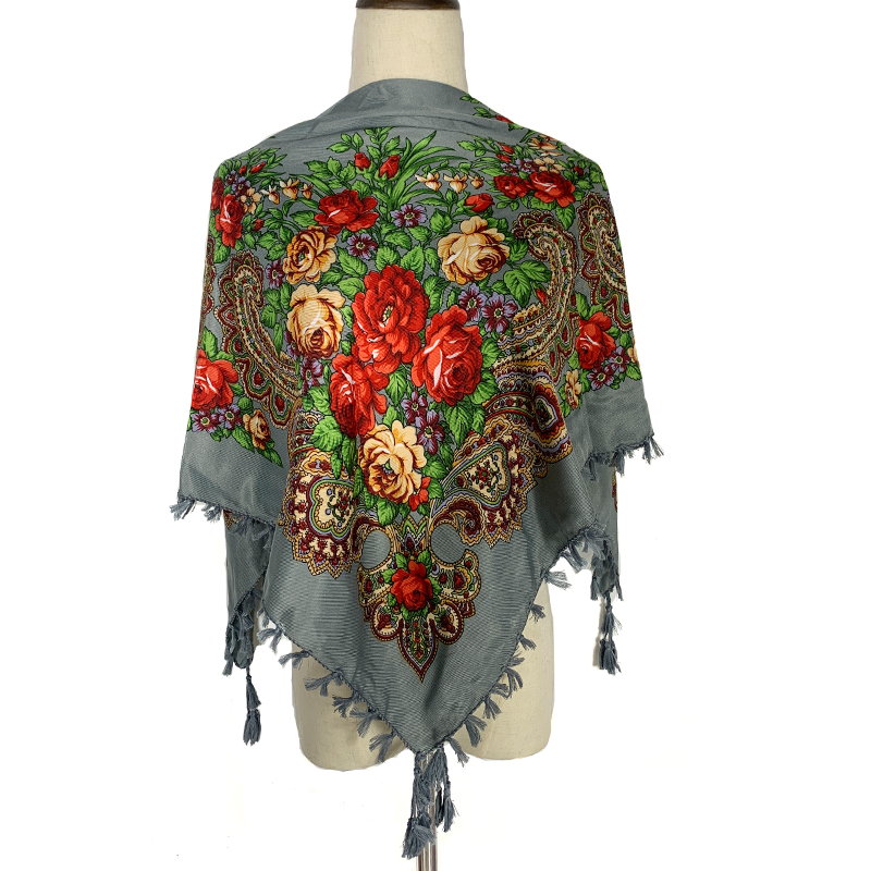 Bandana Cotton - 90*90 ซม.WomenRussian ดอกไม้ผ้าพันคอสแควร์แบบดั้งเดิมยูเครน Fringed Bandana Shawls