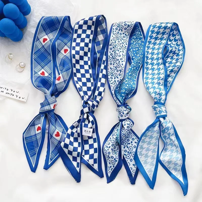 Bandana Cotton - ผ้าพันคอไหมสีน้ำเงินไคลน์ ลายตารางหมากรุกแบบใหม่สำหรับผู้หญิง ผ้าพันคอไหมสไตล์โบฮีเมียนวินเทจ ใช้พันคอ พันศีรษะ สำหรับเดินทาง
